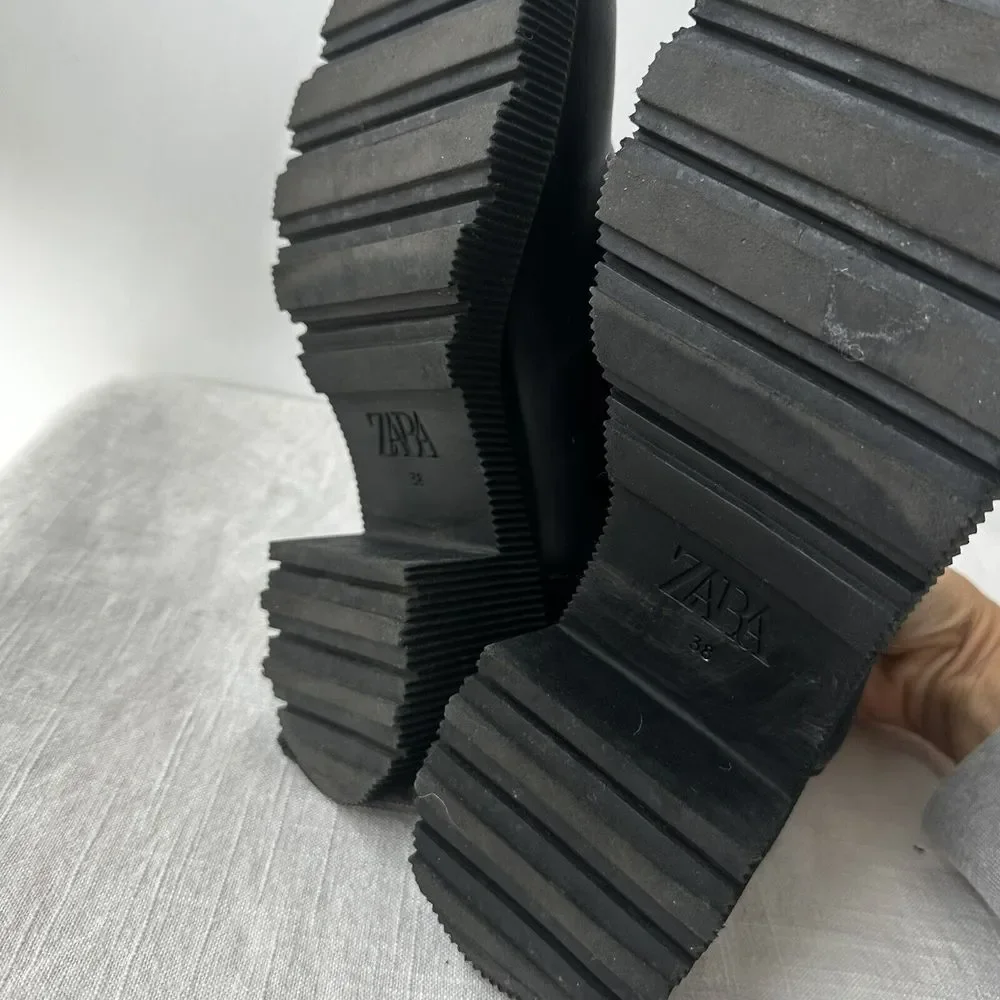 Zara Lug‎ Sole Ankle Platform Boots Black Size 38 Chunky Heel US 7.5
